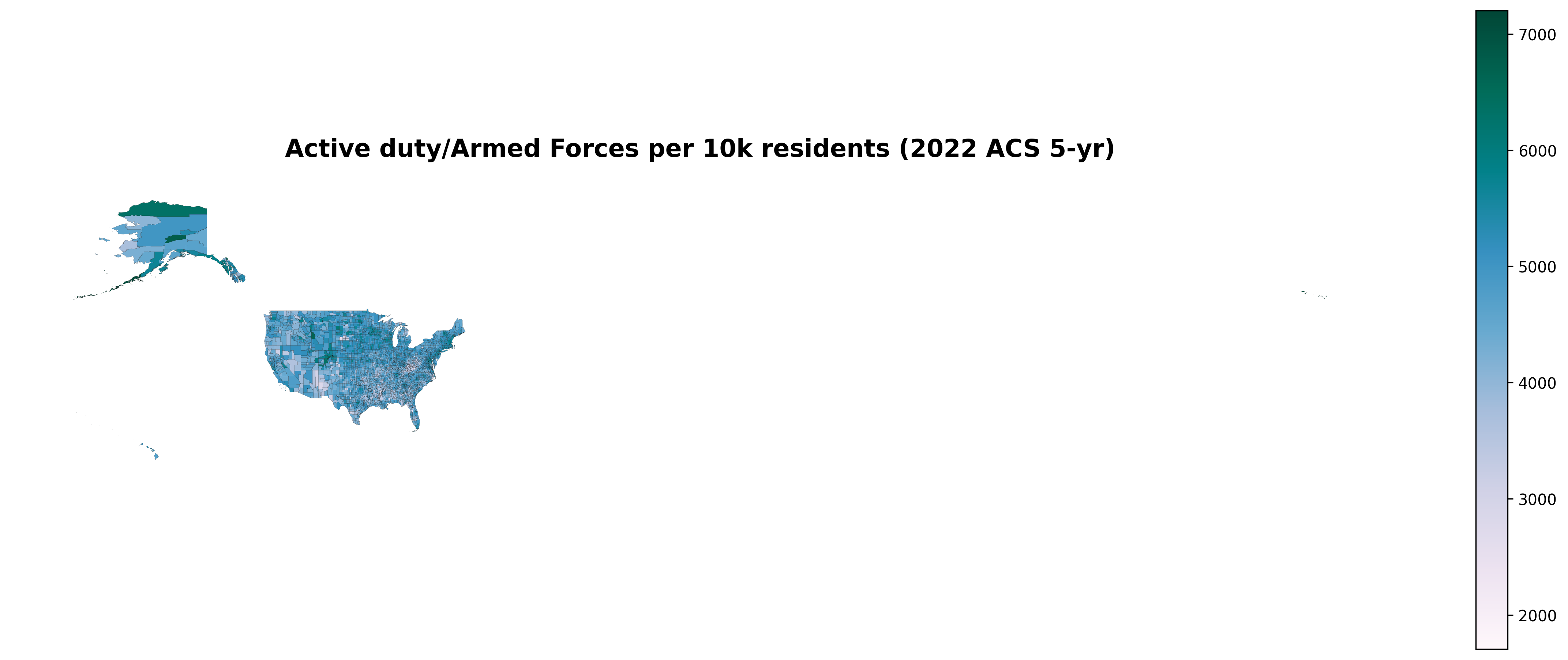 County-level choropleth map showing active duty military population density per 10,000 residents