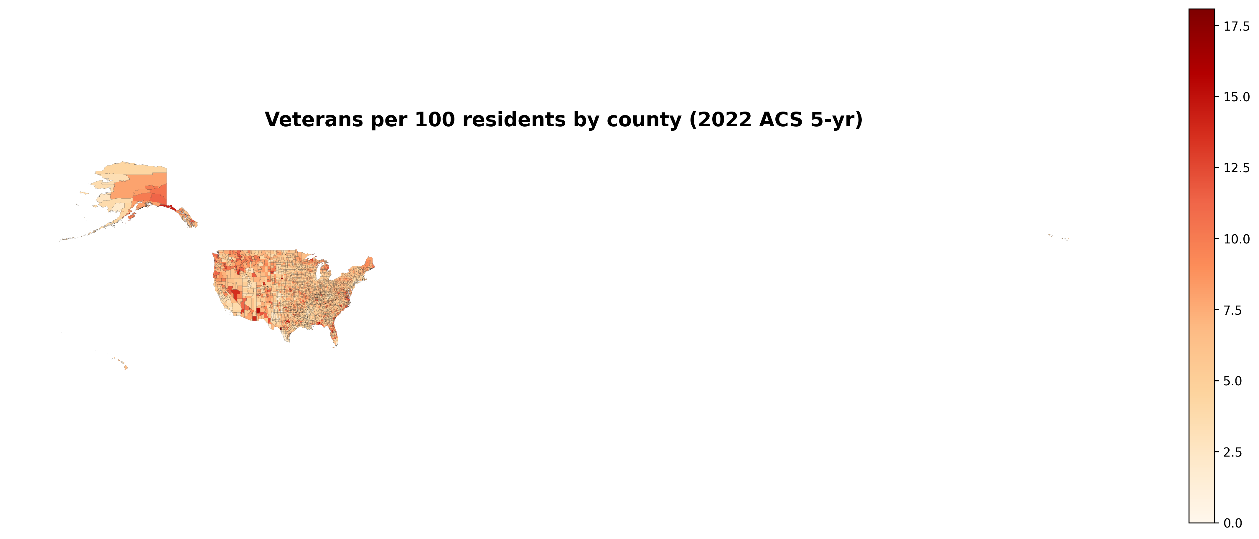 County-level choropleth map showing veteran population density per 100 residents across all US counties