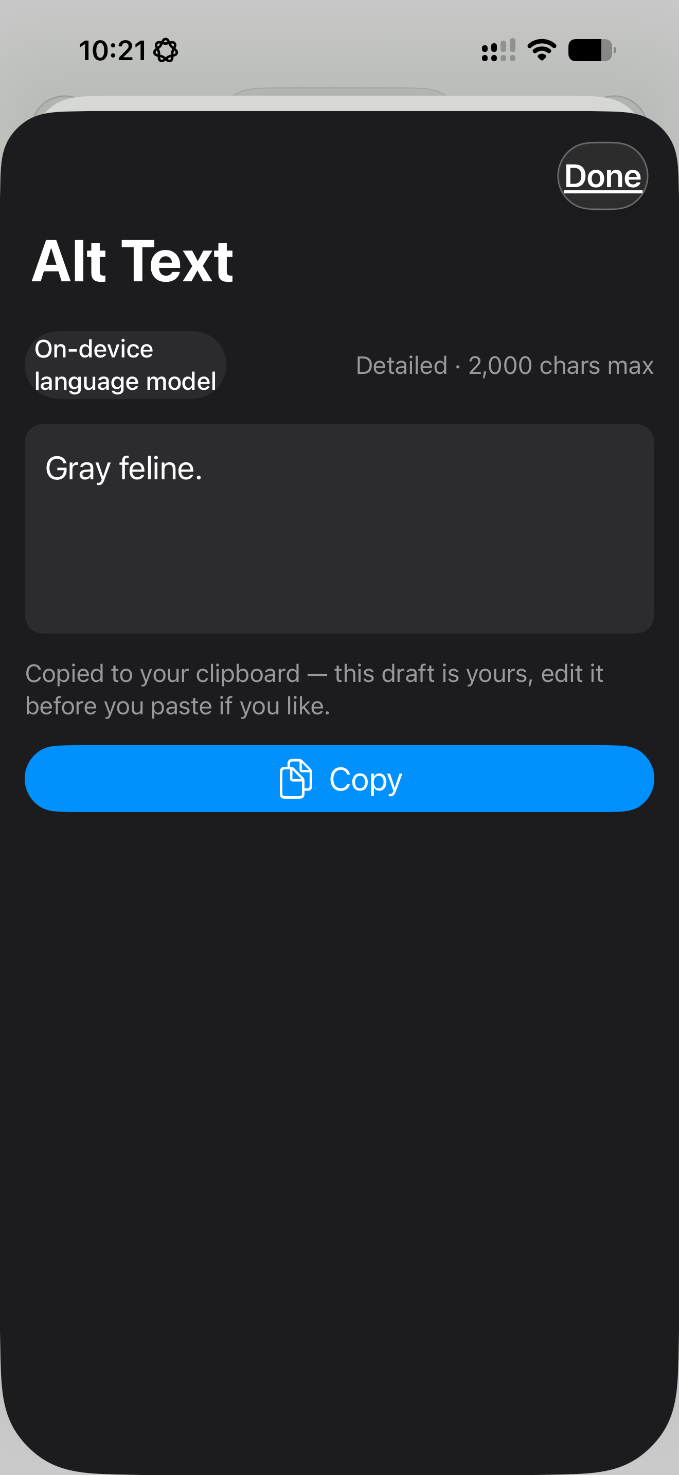 iPhone Share Sheet extension showing an editable alt-text draft for a photo and a large Copy button.