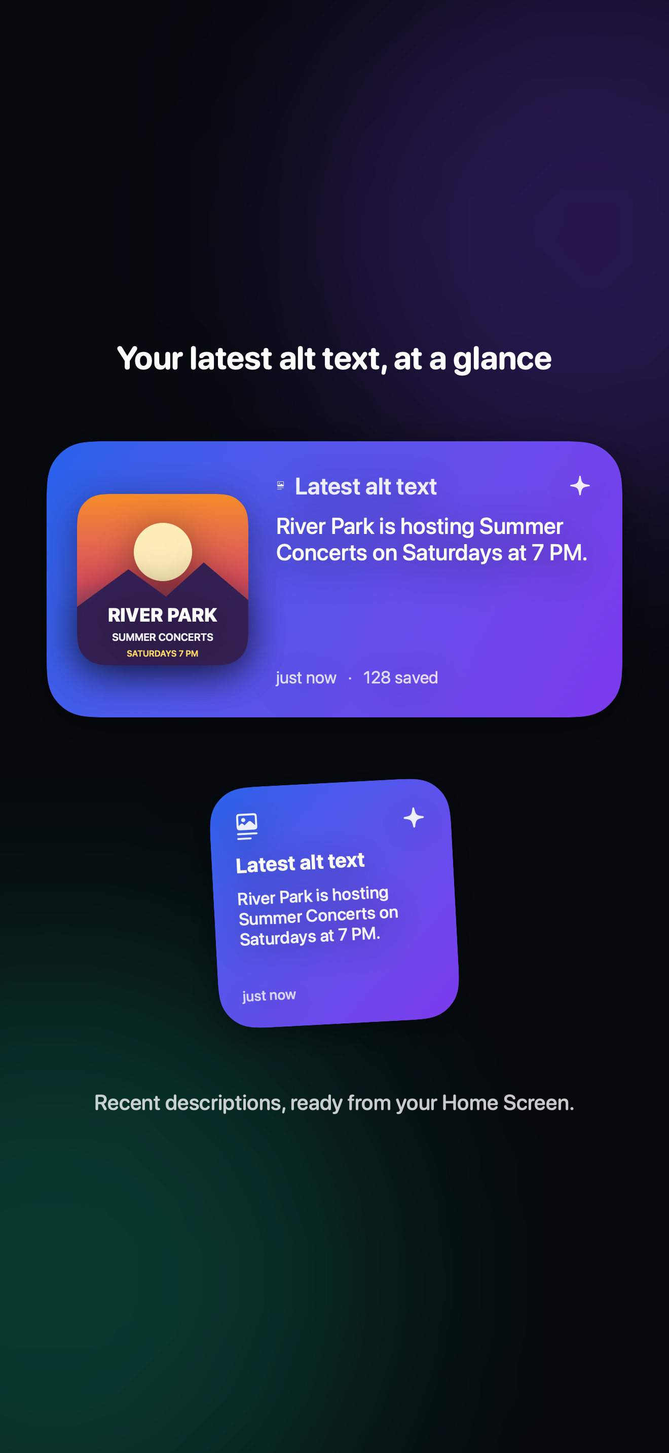 Home Screen widget showing a recent image beside the beginning of its saved alt-text description.