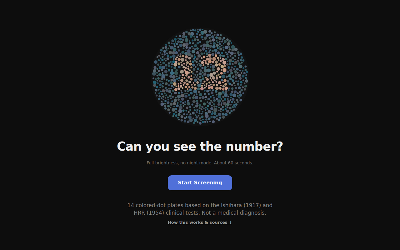Color Vision Plates web app displaying a screening plate made of colored dots
