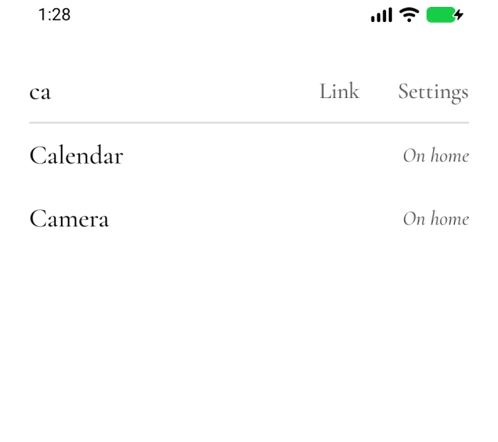 All apps with “ca” typed in the search line: Calendar and Camera, each marked On home.