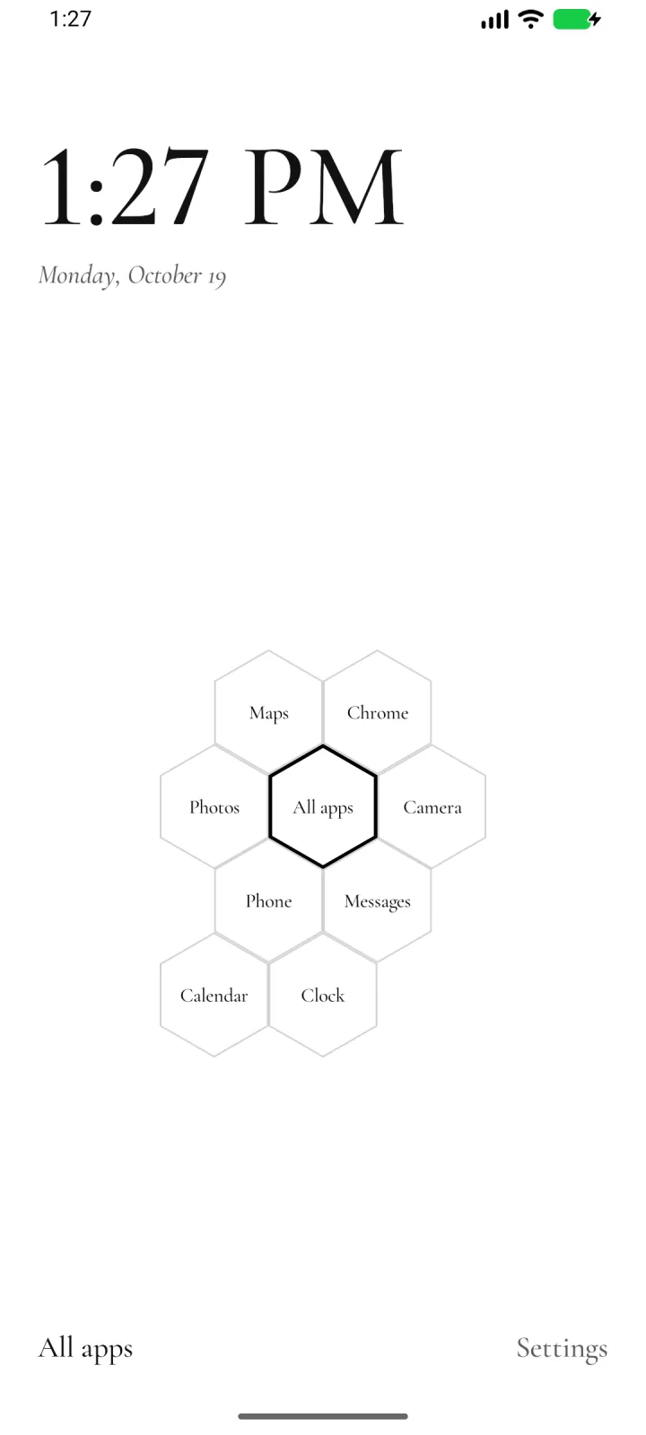The Hex home: All apps in a hexagon at the center, with eight apps in hexagons around it.