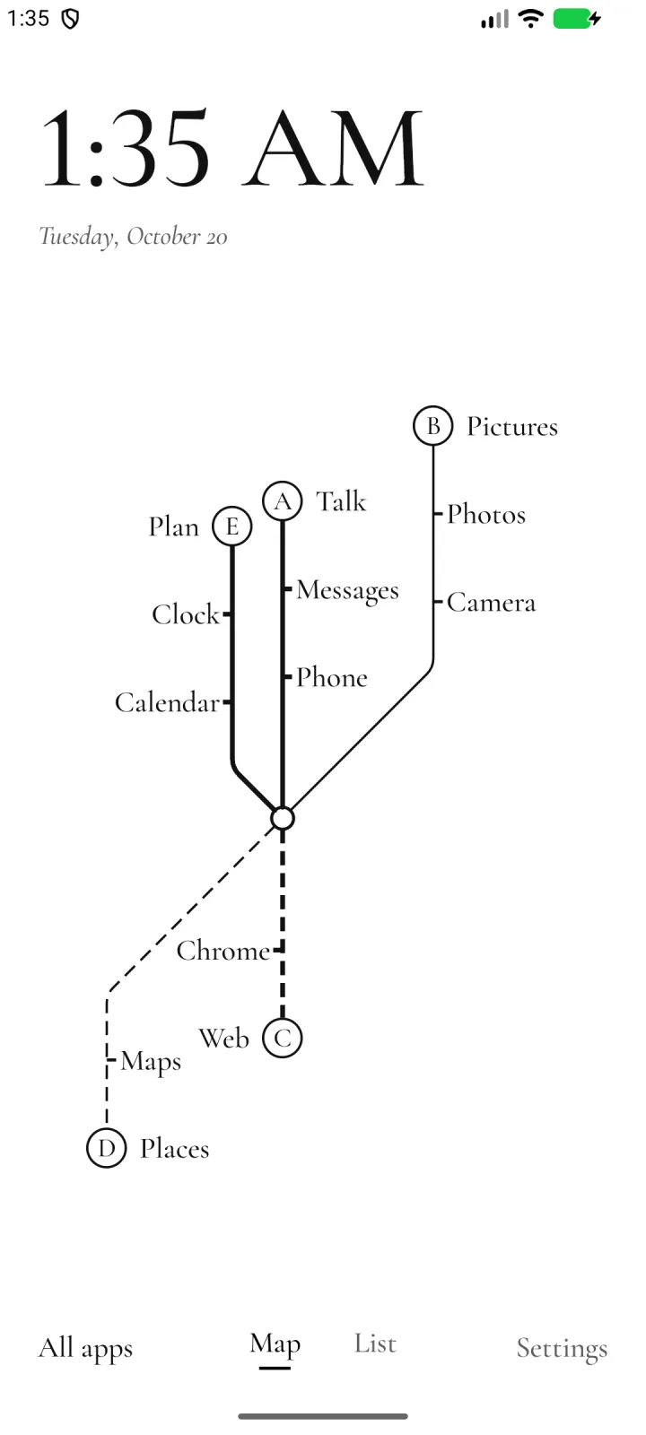The Lines home: a small ring in the middle with five lines leaving it, each ending in a lettered circle and a name: A Talk with Messages and Phone, B Pictures with Photos and Camera, C Web with Chrome, D Places with Maps, E Plan with Clock and Calendar. Map and List sit between All apps and Settings.