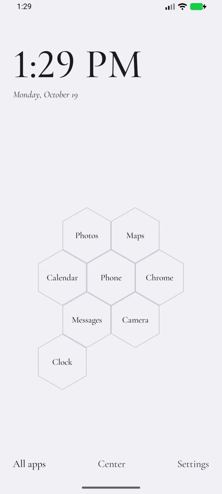 The Plane home in LocalType’s pale lavender: app names in hexagonal cells on an open field, with All apps, Center and Settings at the bottom.