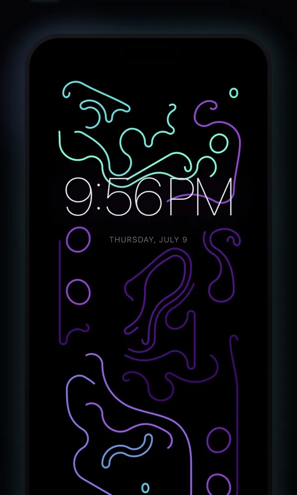Glowing blue and purple line-art shapes drawn around the time, 9:56 PM.