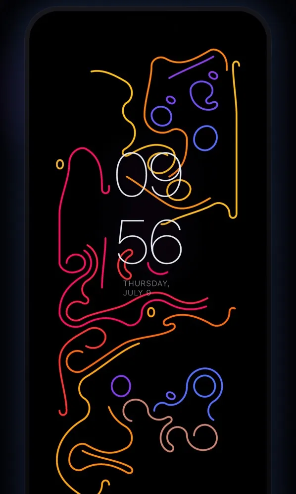 Orange, pink and blue loops around a stacked clock, 09 above 56.