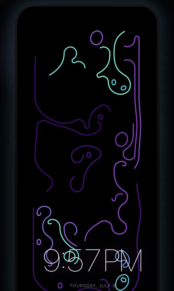 Purple and teal shapes drifting above the time at the bottom of the screen.