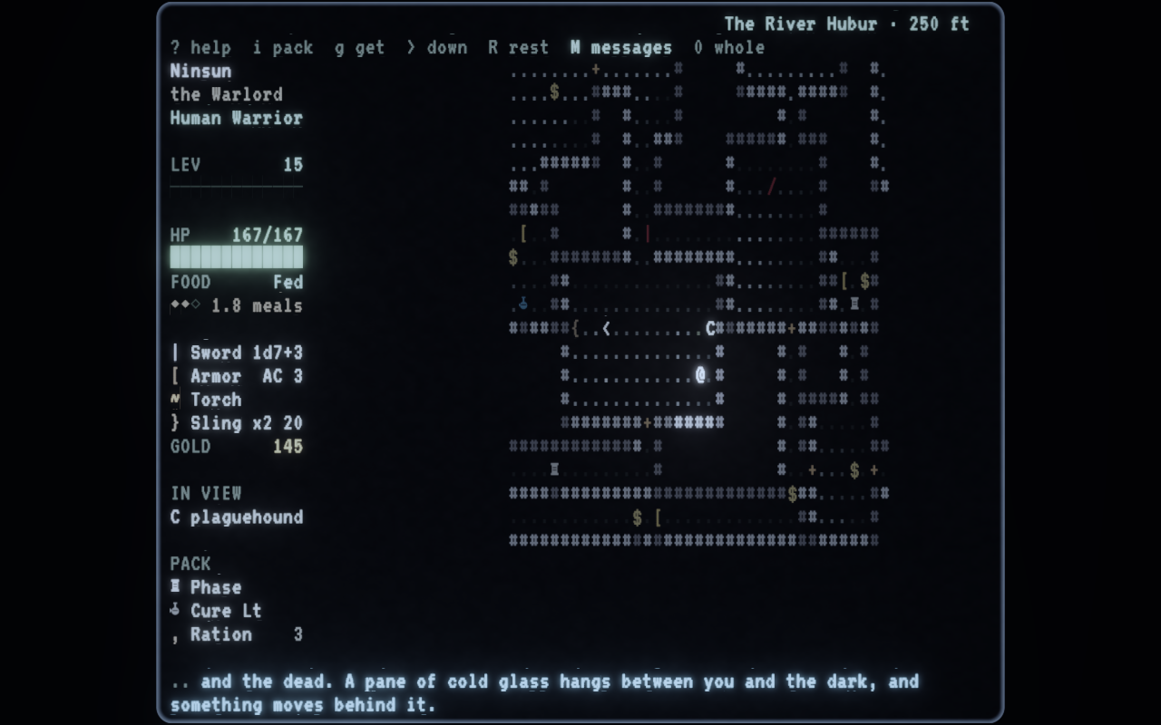 Naqbu at 250 feet: the hero, an @, in a small room drawn in letters with two plague hounds beside them, and the hero's health, gear and pack listed down the left