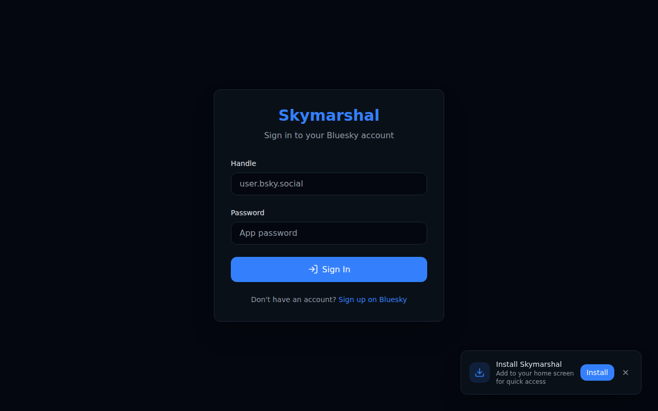Skymarshal Bluesky client showing a feed of posts