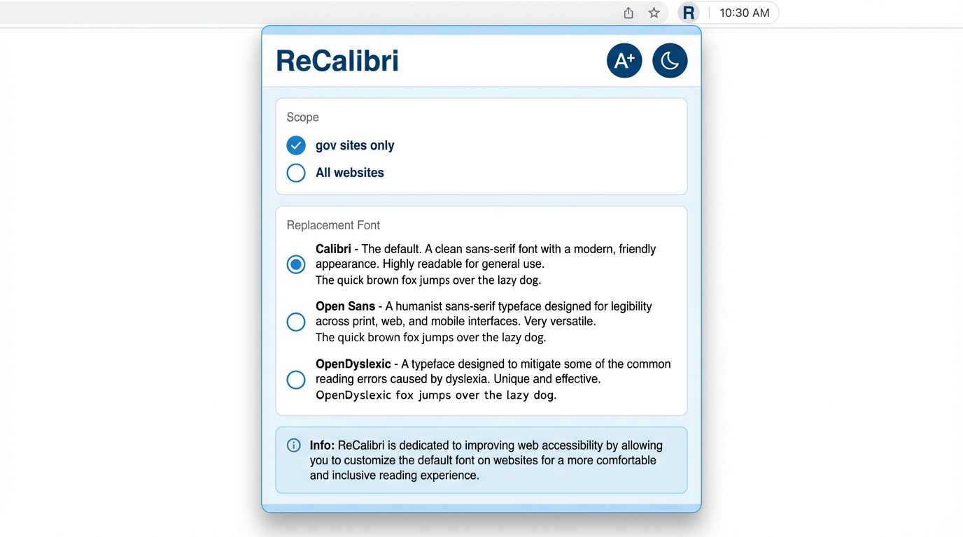 ReCalibri extension popup showing font options