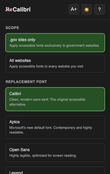 ReCalibri extension popup showing font options