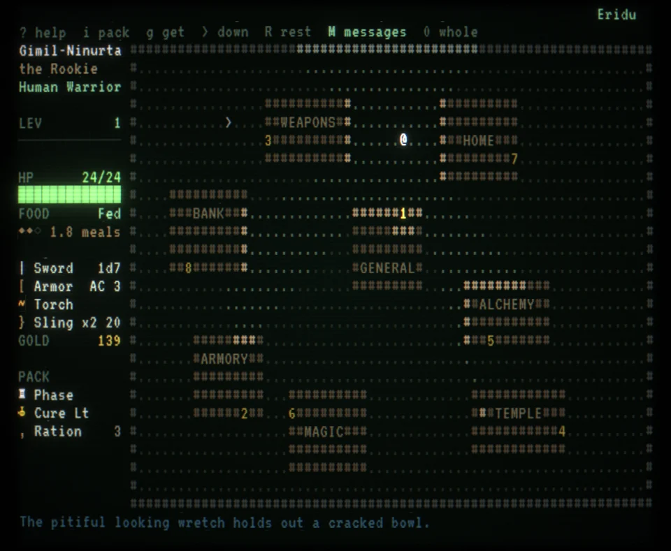 The screen at Town, Eridu: the side panel on the left and the level's map, drawn in this depth's style.