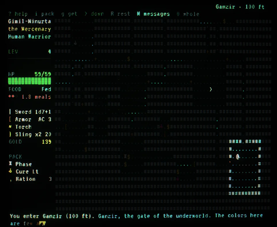 The screen at 100 ft, Ganzir: the side panel on the left and the level's map, drawn in this depth's style.