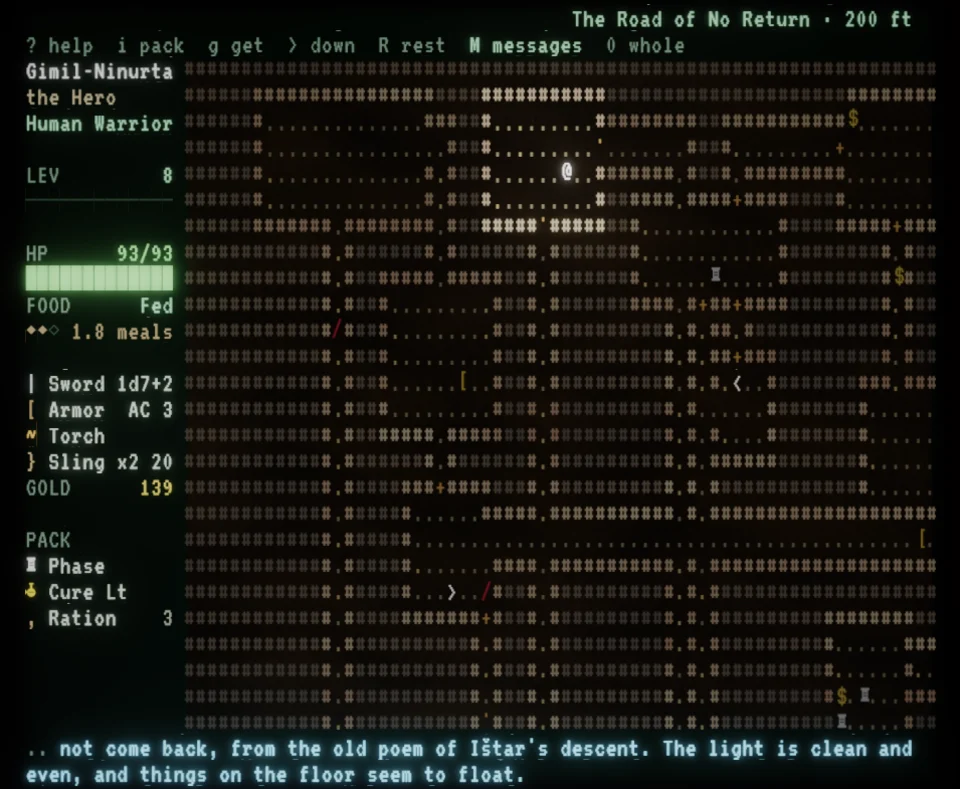 The screen at 200 ft, The Road of No Return: the side panel on the left and the level's map, drawn in this depth's style.