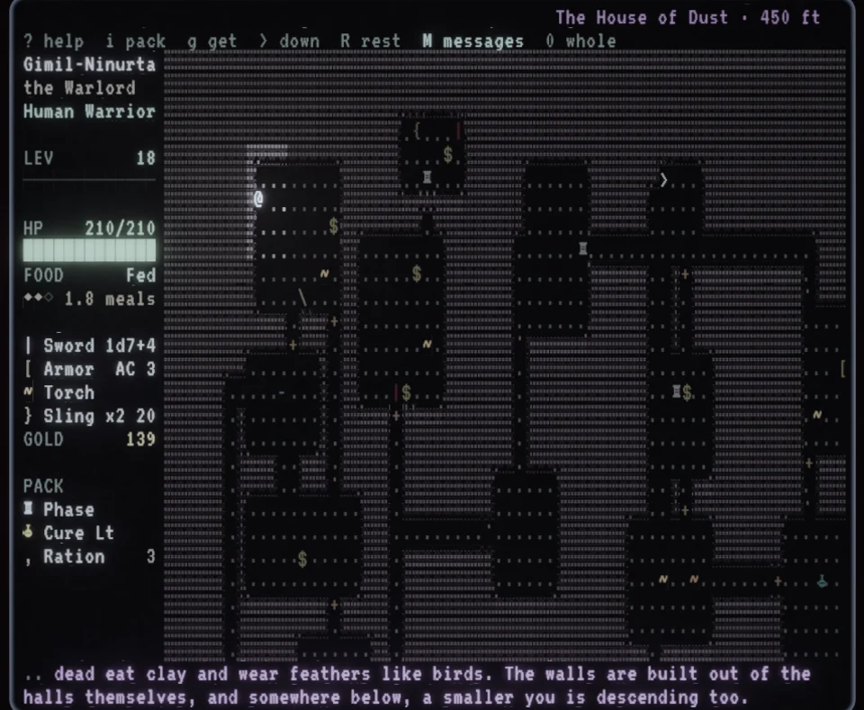 The screen at 450 ft, The House of Dust: the side panel on the left and the level's map, drawn in this depth's style.