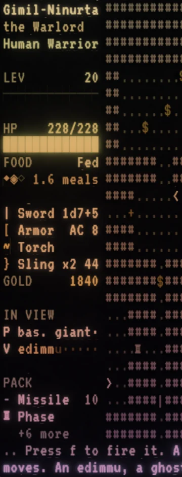 The side panel at 300 ft: name and rank, level with its progress rule, health and food bars, the loadout with a sling and its shots, gold, two monsters in view with one hurt, the pack's quick list with more waiting, and two timed effects on the status line. You stand just right of the panel.