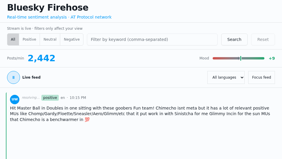 Bluesky Firehose showing real-time post stream with sentiment analysis