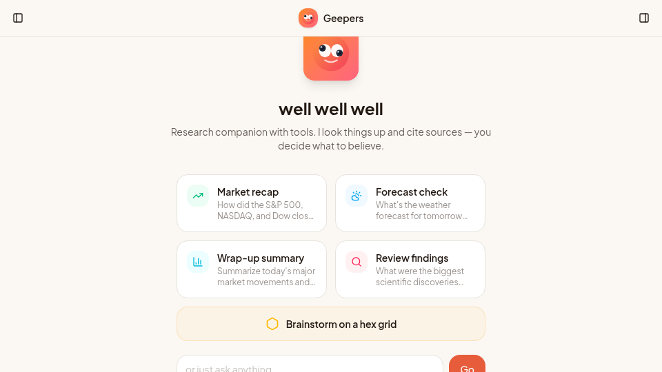 Geepers research companion chat interface