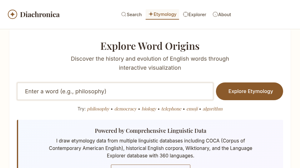 Diachronica etymology explorer with word search