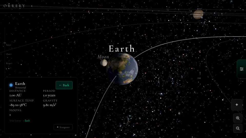 Orrery showing Earth and Moon in a 3D solar system