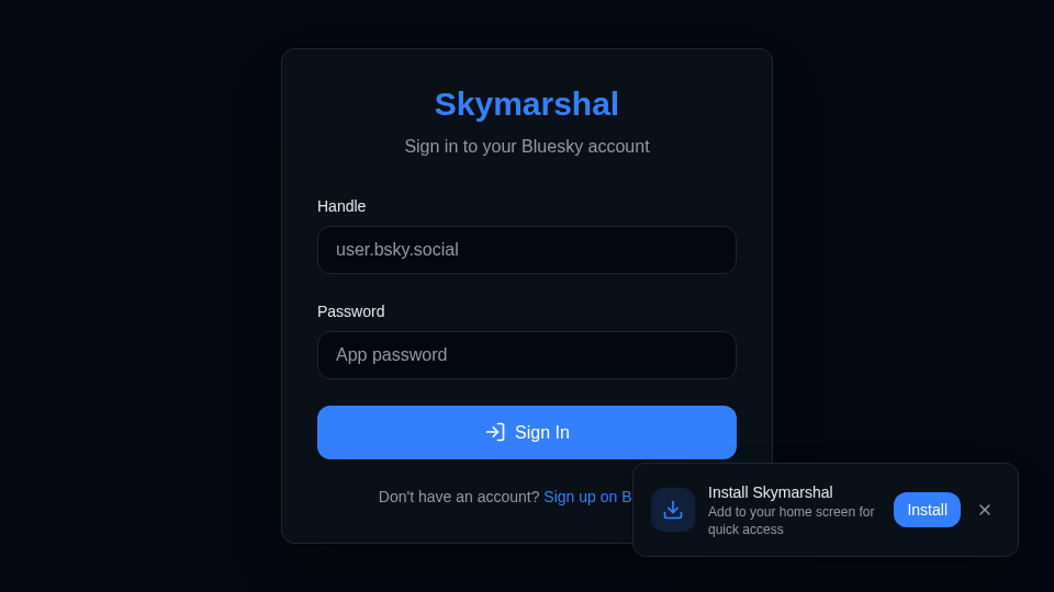 Skymarshal Bluesky client login screen