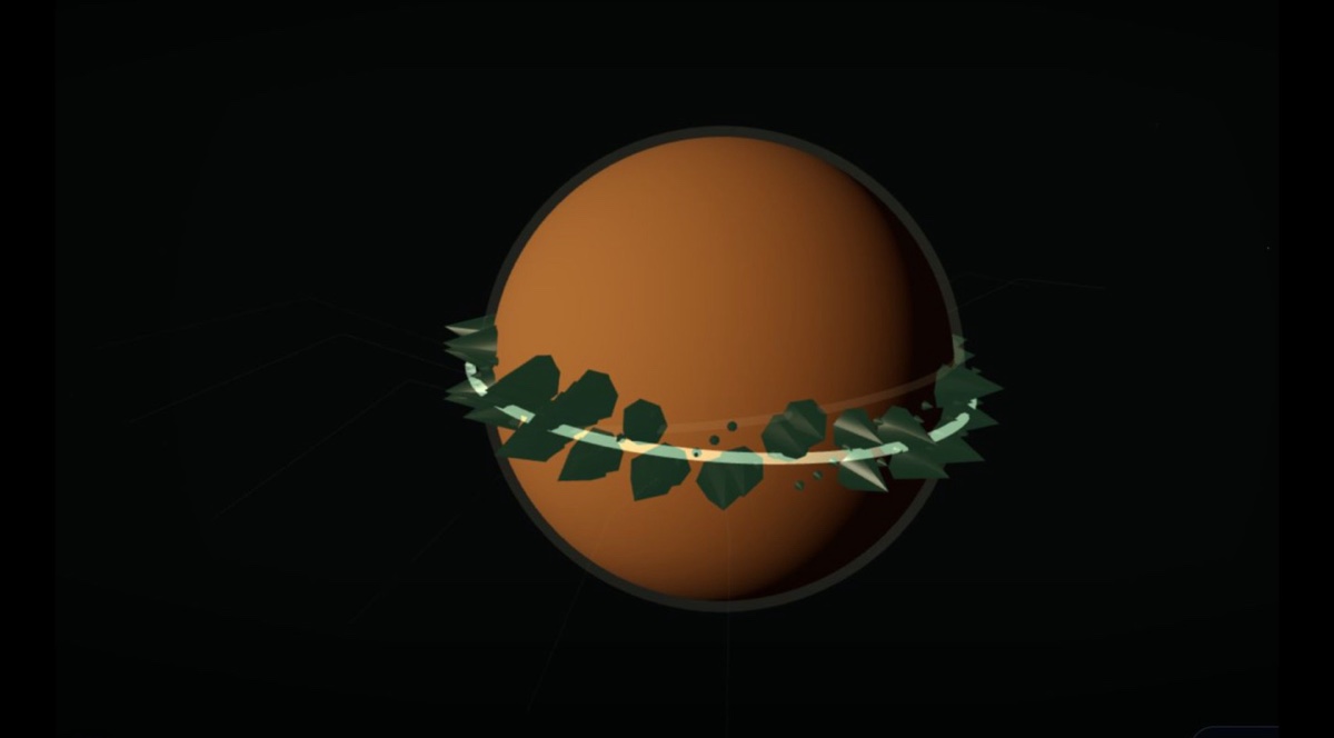 A living green aerostat ring forming through the amber clouds of Venus